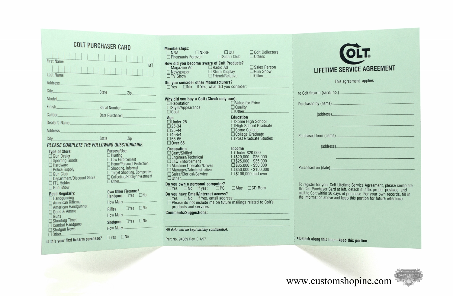 Colt Product Registration Card Green Tri Fold Custom Shop