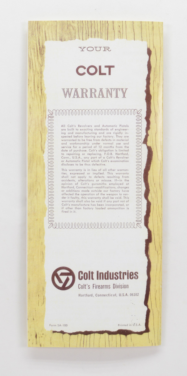 Colt Factory Original Manual Single Action Army form SA-100 Quad fold 1960's 