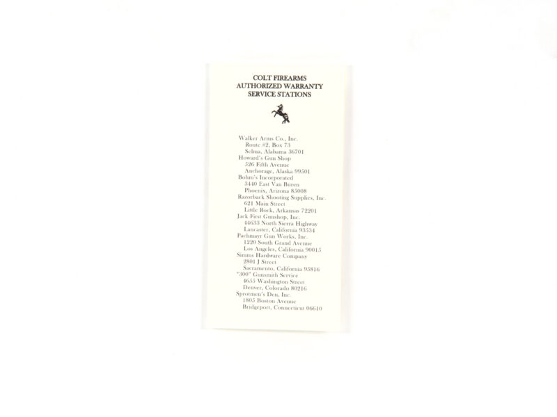 Colt Firearms Authorized Warranty Service Stations Pamphlet Front