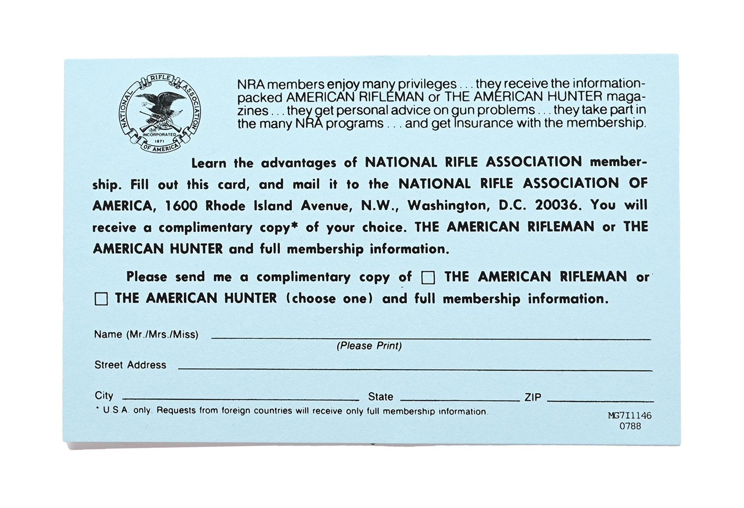 BLUE NRA MAILER CARD PART #MG7I1146-0387