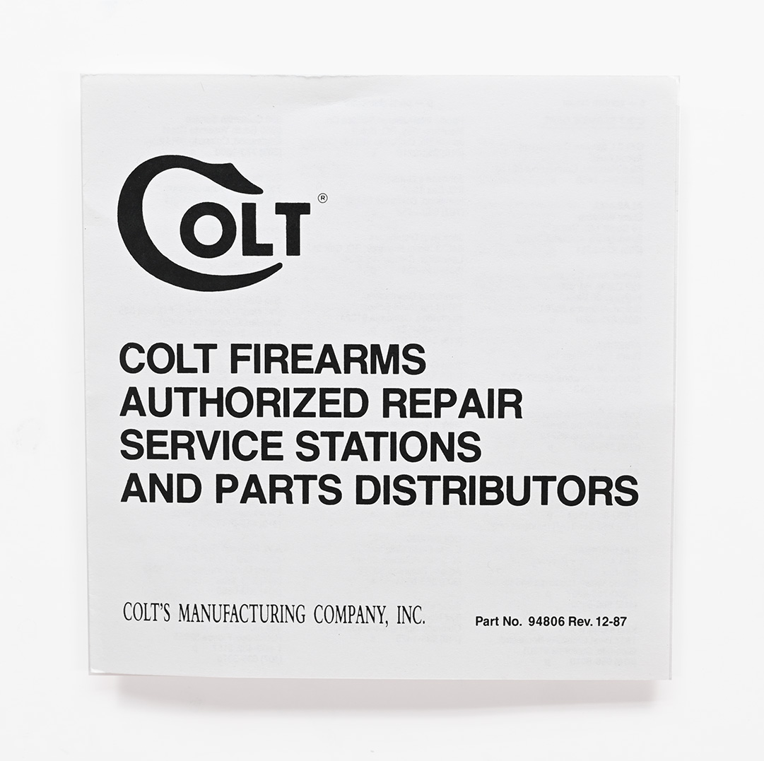 Colt Firearms Authorized Repair Services Stations And Parts Distributors. Part #94806 Rev. 12-87