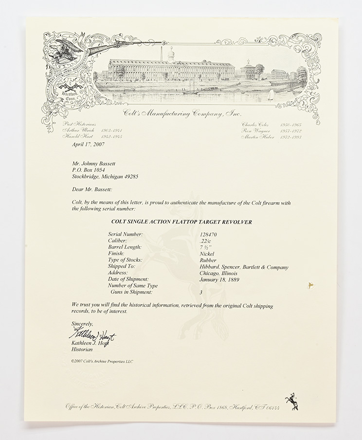 original factory letter for 1889 Colt Flattop Target