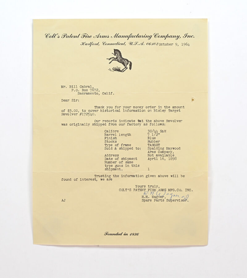 factory letter for Colt Bisley Target
