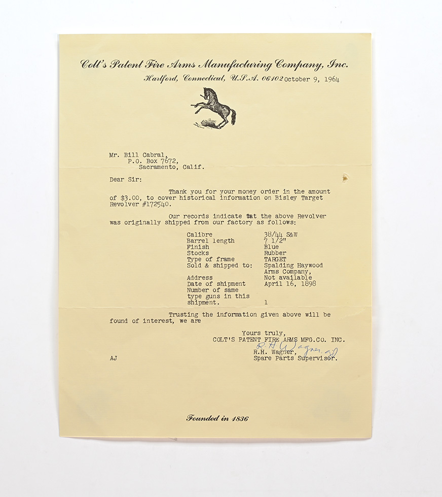 factory letter for Colt Bisley Target