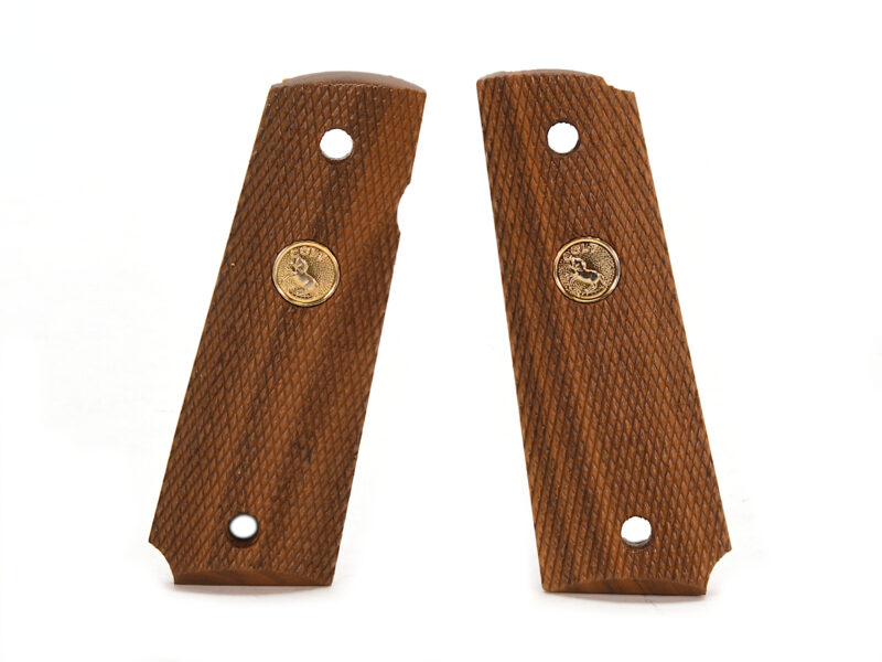 Vintage Colt 1911 Checkered Walnut Grips Gold Medallions Image