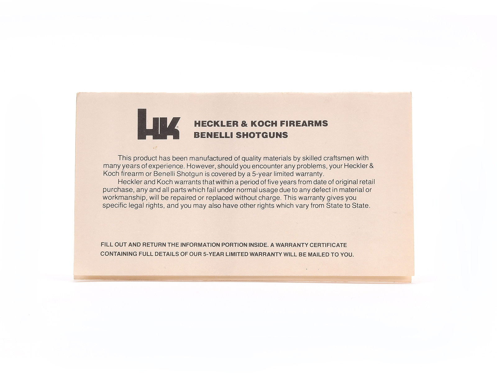 Heckler & Koch Factory Warranty Card Image 1