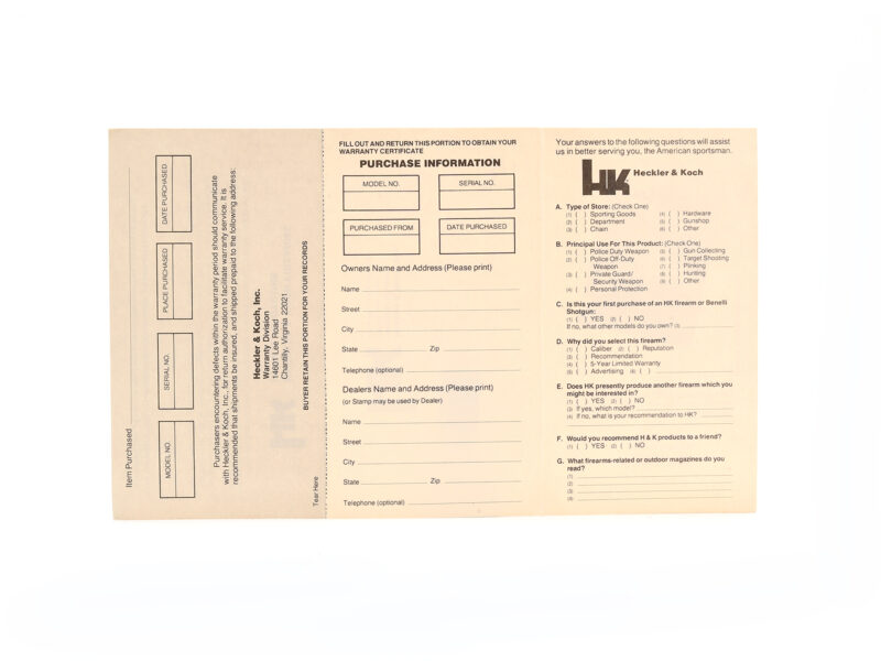 Heckler & Koch Factory Warranty Card Image 3