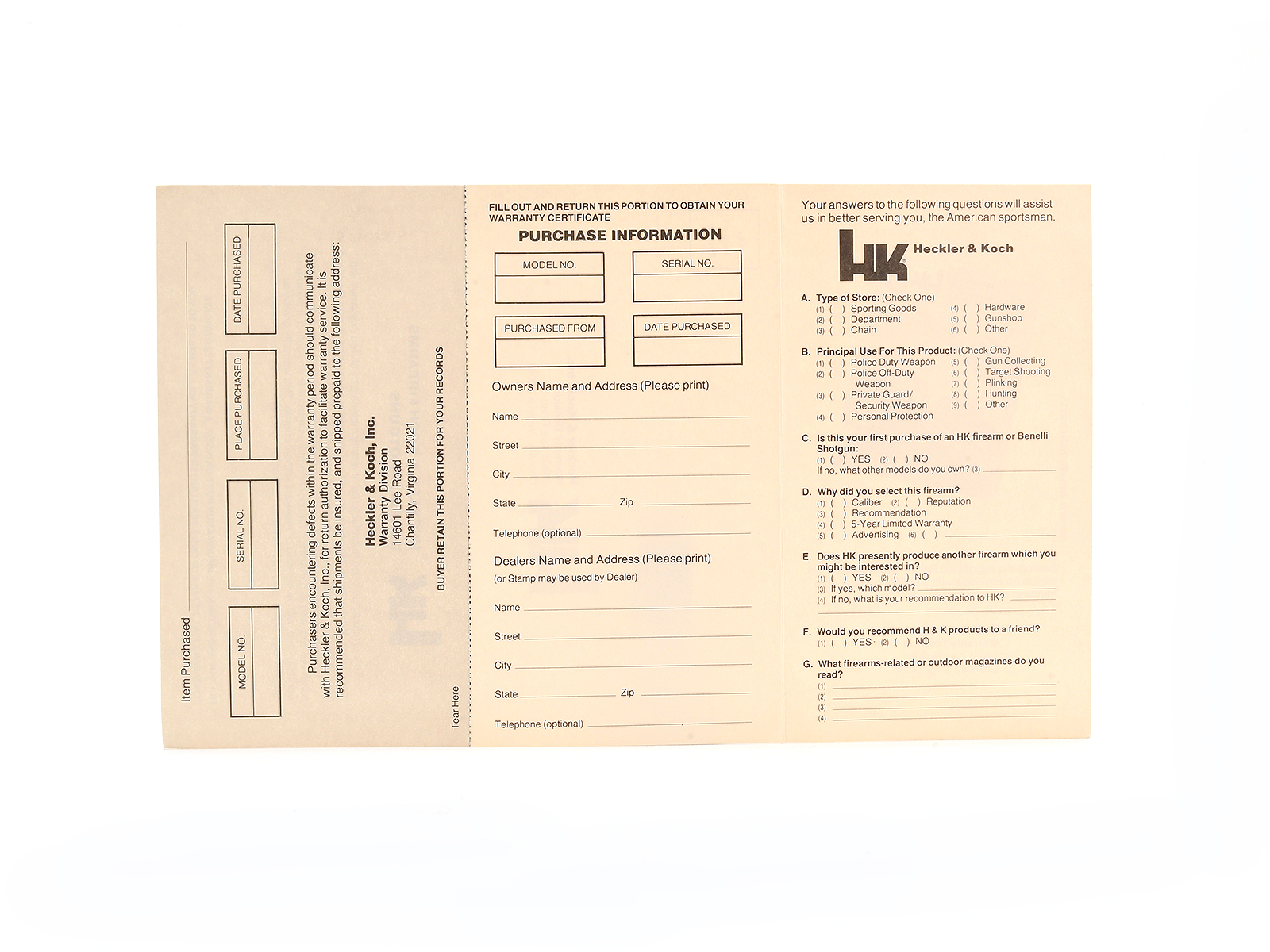 Heckler & Koch Factory Warranty Card Image 3