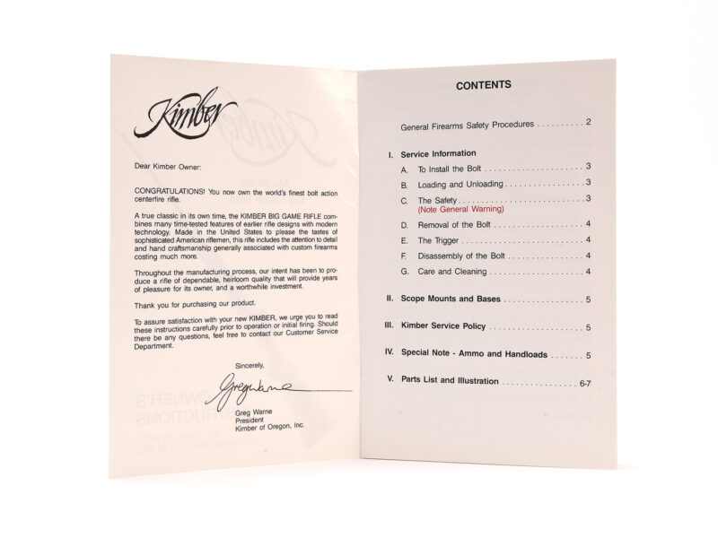 Kimber Model 89 Big Game Rifle Owner's Instructions Image 2