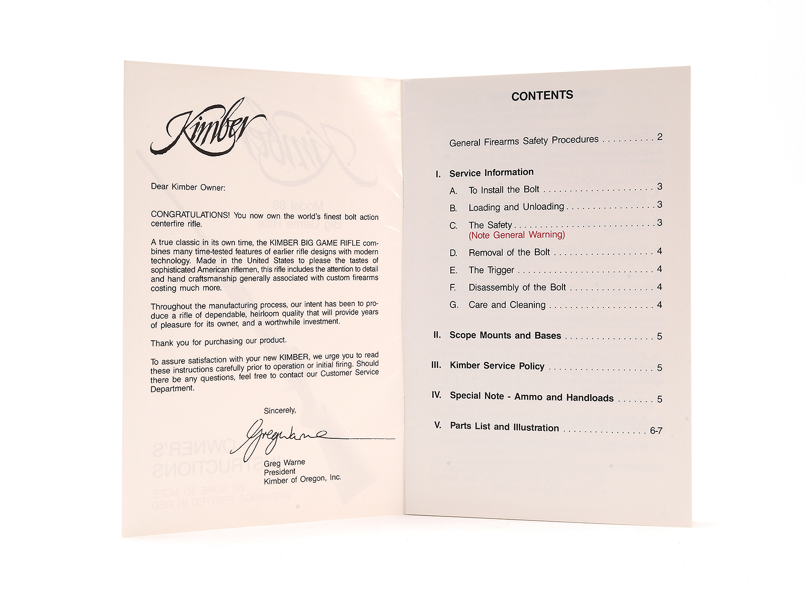 Kimber Model 89 Big Game Rifle Owner's Instructions Image 2