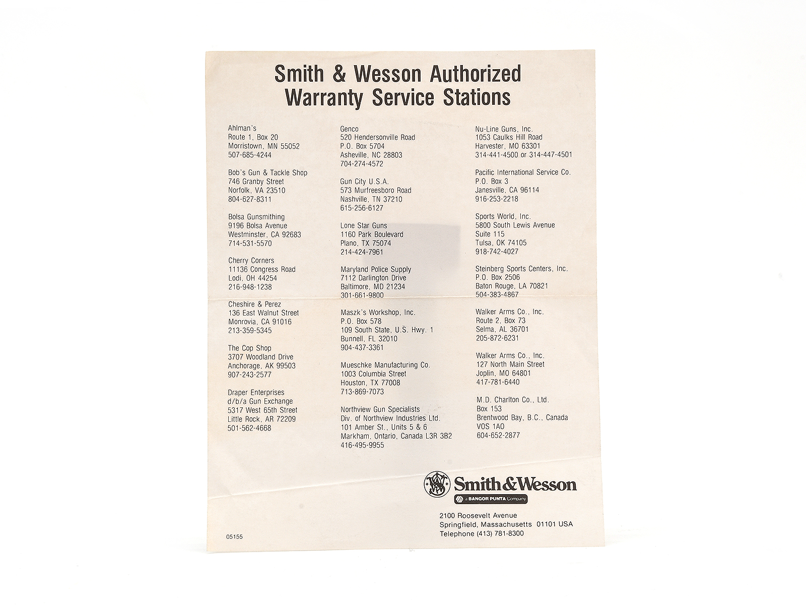 Smith & Wesson Authorized Warranty Service Stations Insert #05155 Image 1