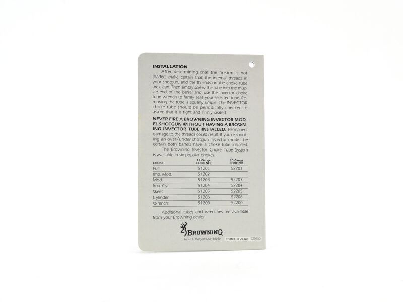 Browning Invector Choke Tube System Instruction Hang Tag Image 3