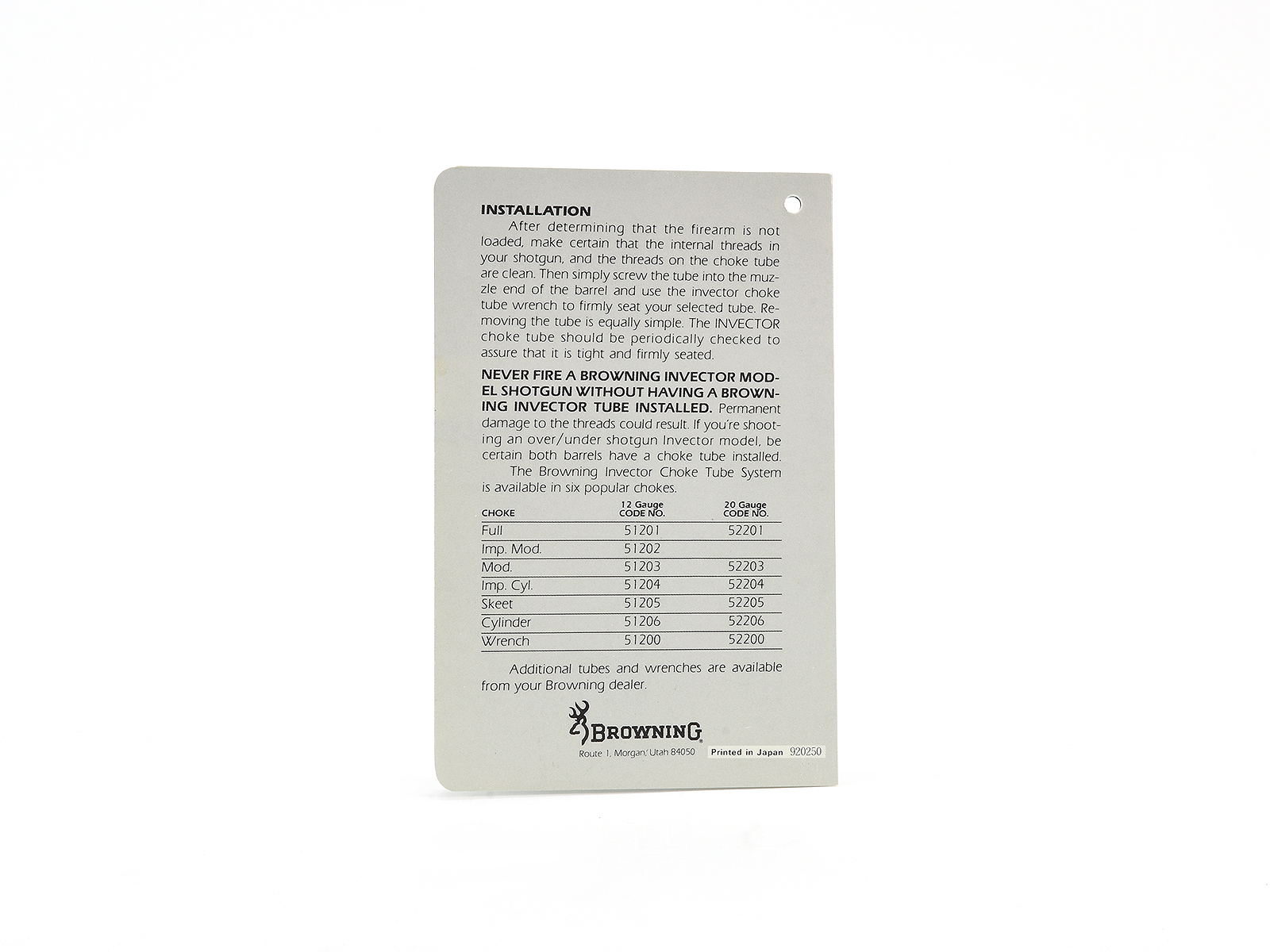 Browning Invector Choke Tube System Instruction Hang Tag Image 3